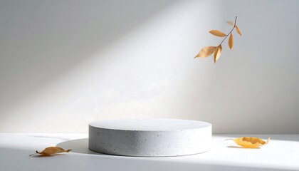 Natural stone podium with soft morning sunlight and gentle shadows on beige plaster wall,