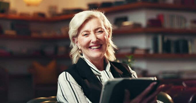 Face, mature woman and tablet for author, information and schedule date for release on sofa. Freelancer, portrait and novel writer with technology for research, networking and publishing plan in home