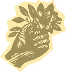  Paper cut style vibrant color vector illustration of a hand holding a blooming flower, heavy lined effect, postal stamp design, modern floral art, decorative botanical element, nature theme