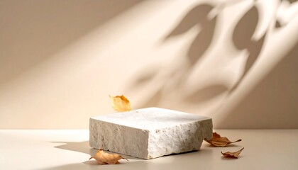 Natural stone podium with soft morning sunlight and gentle shadows on beige plaster wall,