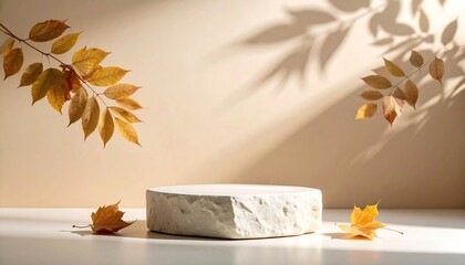 Natural stone podium with soft morning sunlight and gentle shadows on beige plaster wall,