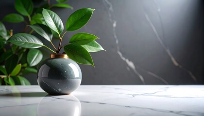 Polished stone surface with small ceramic vase and green leaves,