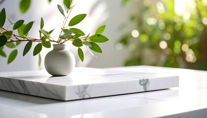 Polished stone surface with small ceramic vase and green leaves,