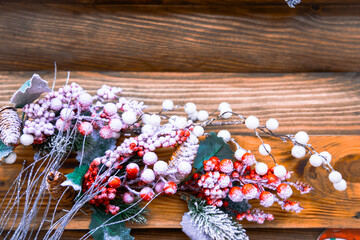 Christmas background pattern wooden material empty copy space viburnum berry simple concept picture
