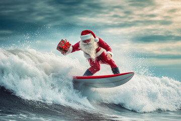 Santa Claus on a surfboard - Santa surfing the waves, generated AI