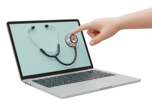 Isolated Laptop with Stethoscope on Screen and Hand Touching