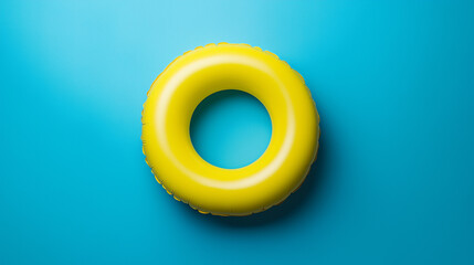 Yellow inflatable pool ring on blue background, space for your text.