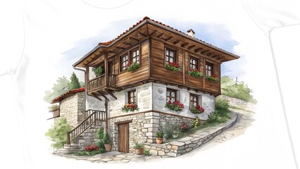 Watercolor Clipart of Traditional Bulgarian Nessebar House Stone Base and Wooden Upper Floor with Flowers