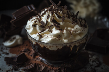 Sweet coffee with cream - a coffee drink decorated with chocolate, generated AI