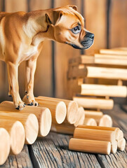  determined brown dog carefully navigates a set of wooden balance beams on a rustic floor, demonstrating focus and agility