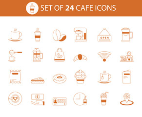 Flat filled vector icons for coffee and cafe themes. 24 clean fill icons of coffee cups, beans, food, and barista tools. Perfect for UI and print.