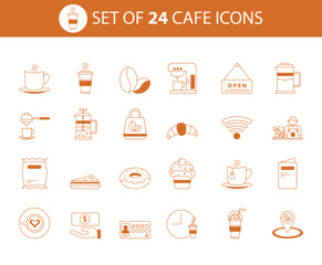 Flat filled vector icons for coffee and cafe themes. 24 clean fill icons of coffee cups, beans, food, and barista tools. Perfect for UI and print.