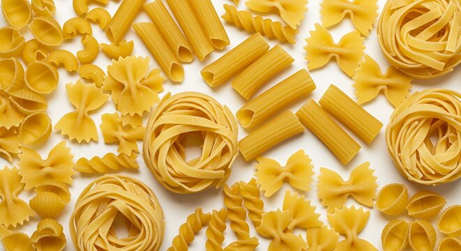 A colorful assortment of different uncooked pasta shapes, ready to be cooked.