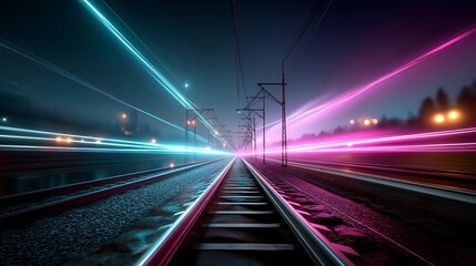 Neon Light Trail on Train Tracks &ndash; Futuristic Cyber Subway Station with Fiber Optic Network & Data Server Room Background