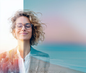 Inner Balance - Double-Exposure Portrait: Woman Merged with Cityscape and Ocean