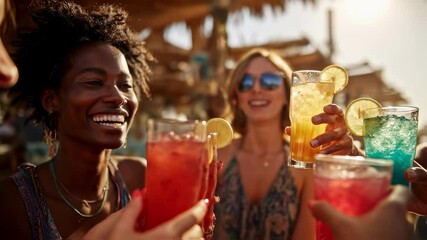 Cheerful multi ethnic women laughing and toasting with refreshing cocktails at a vibrant beach bar, celebrating friendship and enjoying their summer vacation together under the sun - Powered by Adobe
