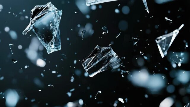 Shards of glass falling against dark background.
