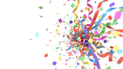 Obraz premium Transparent PNG of Colorful Confetti and Ribbons Exploding, A Festive Celebration Burst of Multicolored Squares and Curling Streamers on a Transparent Background Ideal for Design Projects