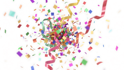 Transparent PNG of Colorful Confetti and Ribbons Exploding, A Festive Celebration Burst of Multicolored Squares and Curling Streamers on a Transparent Background Ideal for Party Invitations and Design