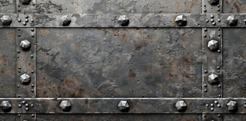Heavily weathered metal plate with riveted metal strips creates a unique texture