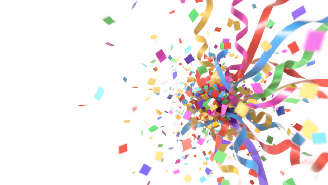 Transparent PNG of Colorful Confetti and Ribbons Exploding, A Festive Celebration Burst of Multicolored Squares and Curling Streamers on a Transparent Background Ideal for Design Projects