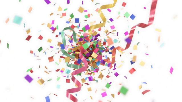 Transparent PNG of Colorful Confetti and Ribbons Exploding, A Festive Celebration Burst of Multicolored Squares and Curling Streamers on a Transparent Background Ideal for Party Invitations and Design
