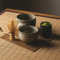 Matcha tea ceremony preparation with whisk and bowls on bamboo mat for traditional japanese beverage