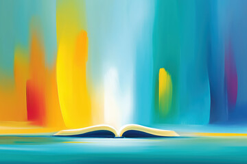 An open Holy Bible glows with divine light, symbolizing the Holy Spirit's revelation. This abstract, colorful painting is ideal for modern faith, worship, and spiritual concepts.