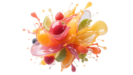 Transparent PNG of Fruit Juice Splash with Berries, A Vibrant, Colorful Splash of Mixed Fruit Juices Featuring Strawberries, Raspberries, Blackberries, Lime, and Orange Slices on a Transparent Backgro