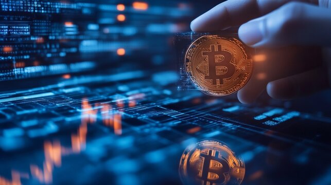 Digital currency in hand against technology graphics, useful for finance and technology articles.