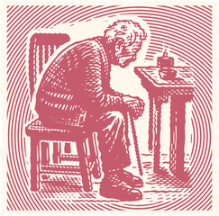  Red Elderly Person Sitting Alone Vector Illustration — Heavy Lined Effect Vibrant Color Postal Stamp Design with Bold Outlines and Emotional Solitude Theme for Conceptual Artwork