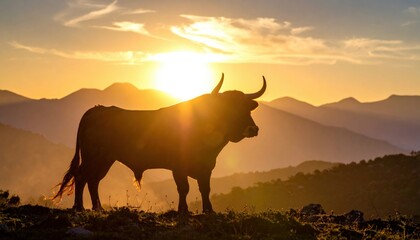 Silhouette Bull At Sunset Mountain Landscape