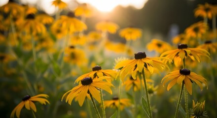 Sunlit Meadow of Golden Black Eyed Susans, bathed in the warm glow of a setting sun, their petals shimmering with dewdrops, a serene and peaceful scene.