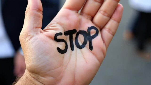 Hand showing the word stop written on palm with black marker, protesting against social issues like immigration raids and civil unrest