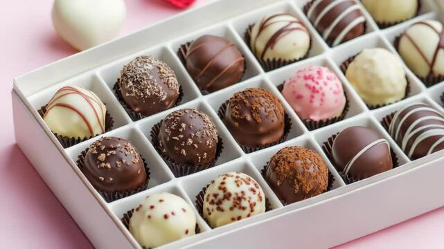 A box of assorted chocolates on a pink surface