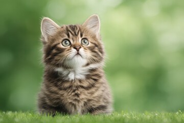 Naklejka premium A fluffy brown tabby kitten with bright eyes sits on green grass, looking up against a soft, blurred natural background.