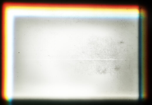 Transparent vintage-style film overlay with burned edges and colorful light effects. Damaged texture featuring dust, scratches, and stains, retro nostalgic analog photography