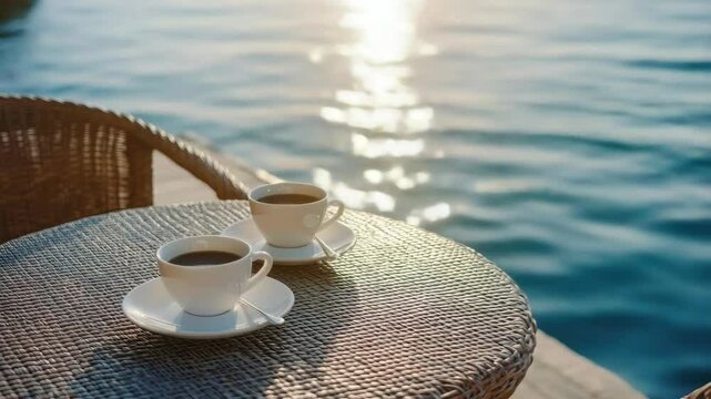 Two cups of coffee on a table by the water. One cup is full and the other is half full