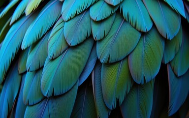 Fototapeta premium Colorful bird feathers in vibrant blue and green hues.