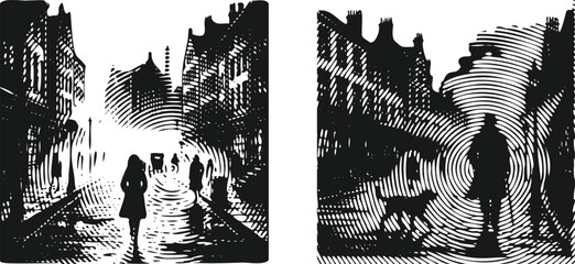  Heavy Lined Black Vector Illustration Bundle of a Person Walking Through a Foggy Street with Dramatic Shadows and Urban Mist Effect – Silhouette Scene for Editorial and Conceptual Use