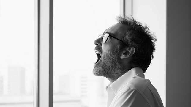 Professional businessman yawning, stretching while working at minimalist desk, soft daylight illuminating neutral toned workspace