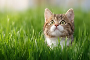 A curious tabby kitten peeks through tall green grass with wide eyes, alert and attentive to its surroundings on a sunny day.