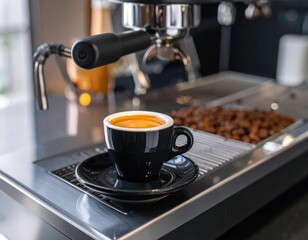 Espresso Shot In Black Coffee Cup On Stainless Steel Countertop With Coffee Beans