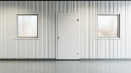 Prefabricated building featuring white door, symmetrical windows against neutral backdrop