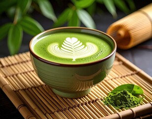 Green Matcha Latte In Bowl With Latte Art