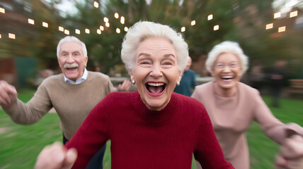 Seniors enjoying a lively dance party outdoors, showcasing joyful expressions and motion blur, creating a sense of movement and happiness