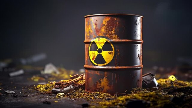 Rusted nuclear waste barrel with a yellow and black radiation hazard symbol on it. The background is dark