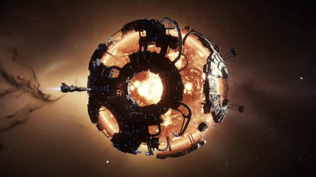 Spaceship approaching a massive science fiction Dyson sphere mega-structure in deep space.