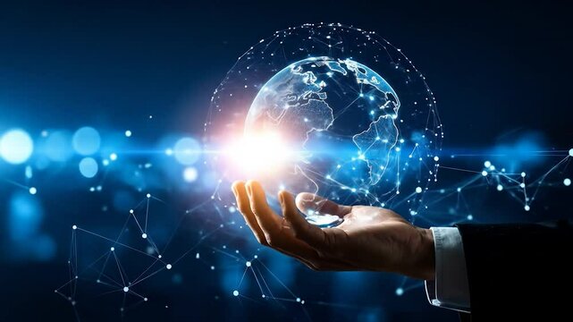 A hand holds a digital representation of the Earth, glowing with interconnected lines and points