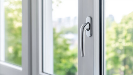 Chrome tilt and turn window handle on white frame, allowing natural light inside, creating a bright and airy atmosphere
